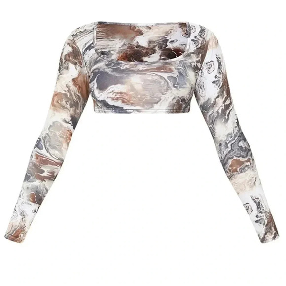 Brown Marble Print Long Sleeve Crop Top - Picture 4 of 10
